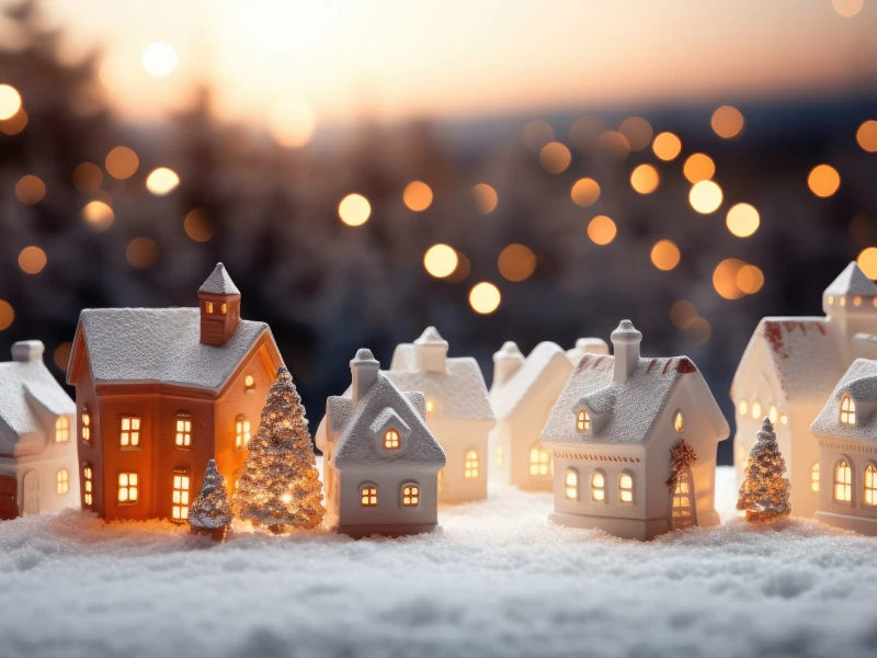 Eine winterliche Szenerie zeigt beleuchtete Miniaturhäuser und schneebedeckte Tannenbäume in einer verschneiten Landschaft. Der Hintergrund ist stimmungsvoll mit unscharfen, warmen Lichtern gestaltet