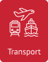 Icon mit Transportmotiven: stilisiertes Flugzeug, Zug und Schiff in Weiß auf rotem Hintergrund; Beschriftung „Transport“.